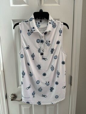 Bad Birdie White Golf Polo with Navy Cactus Print